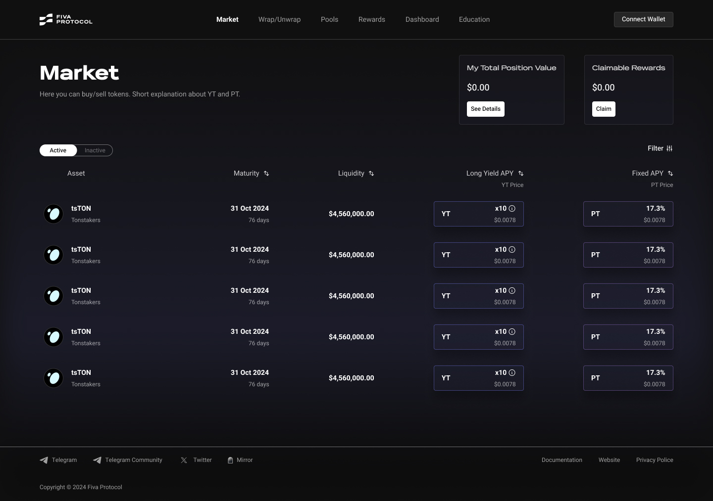 Market section showing available pools