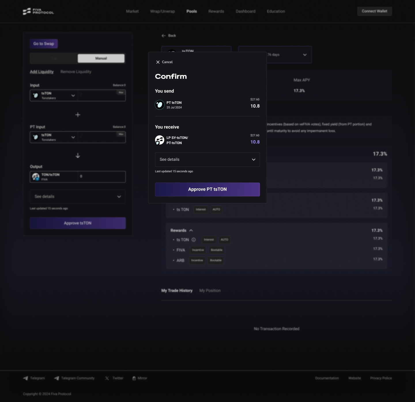 Transaction approval confirmation for providing liquidity