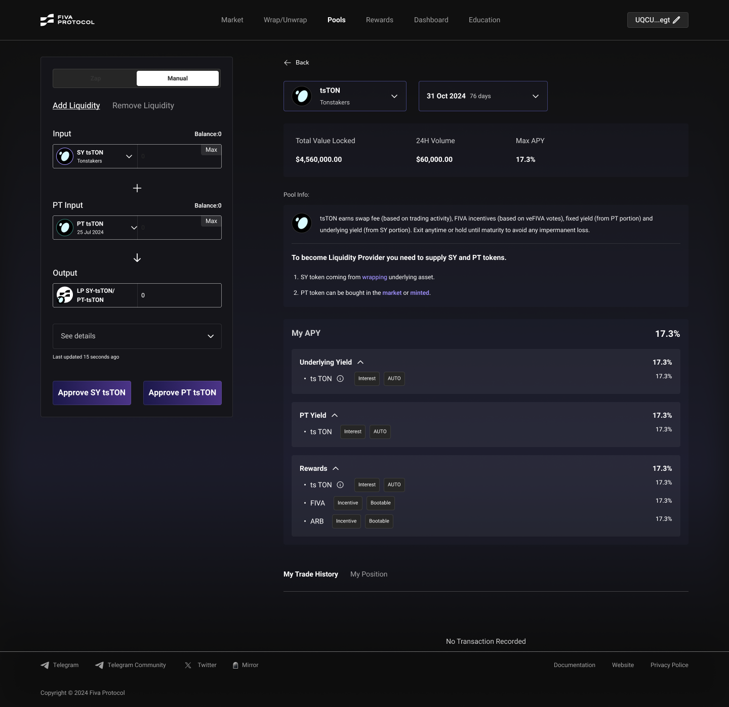 Token selection screen showing SY and PT tokens